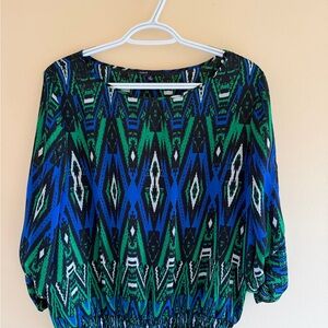 Chaus Blue and Green Geometric Patterned Blouse